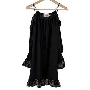 Va Va by Joy Han Womens Small‎ Black Cold Shoulder Dress Embroidered Rainbow